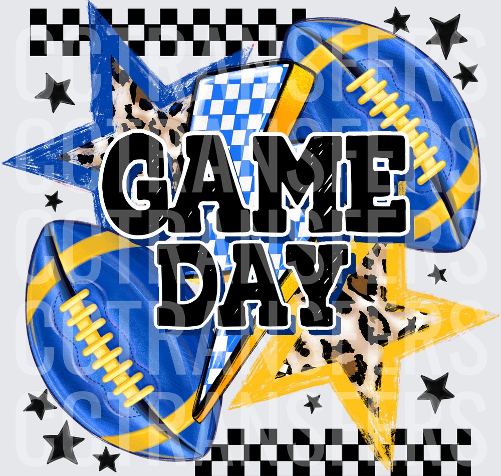 Game Day Blue Gold Football Stars Leopard Checkered (DTF)