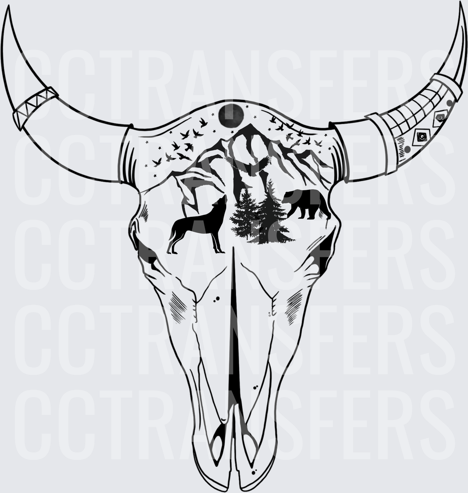 Boho Bull Skull Mountain Wilderness Wolf Bear Scene (DTF)