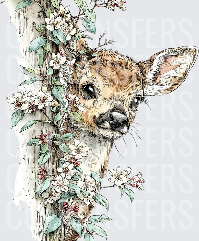 Cute Baby Fawn Peeking Around Floral Tree Branch (DTF)