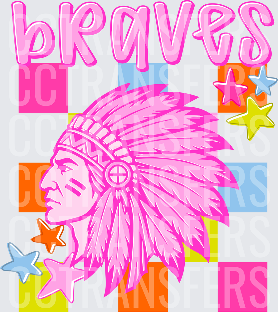Braves Pink Native Chief Headdress Colorful Checkered Stars (DTF)