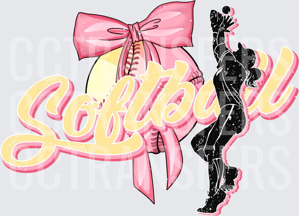 Softball Pink Bow Ball Player Silhouette Script (DTF)
