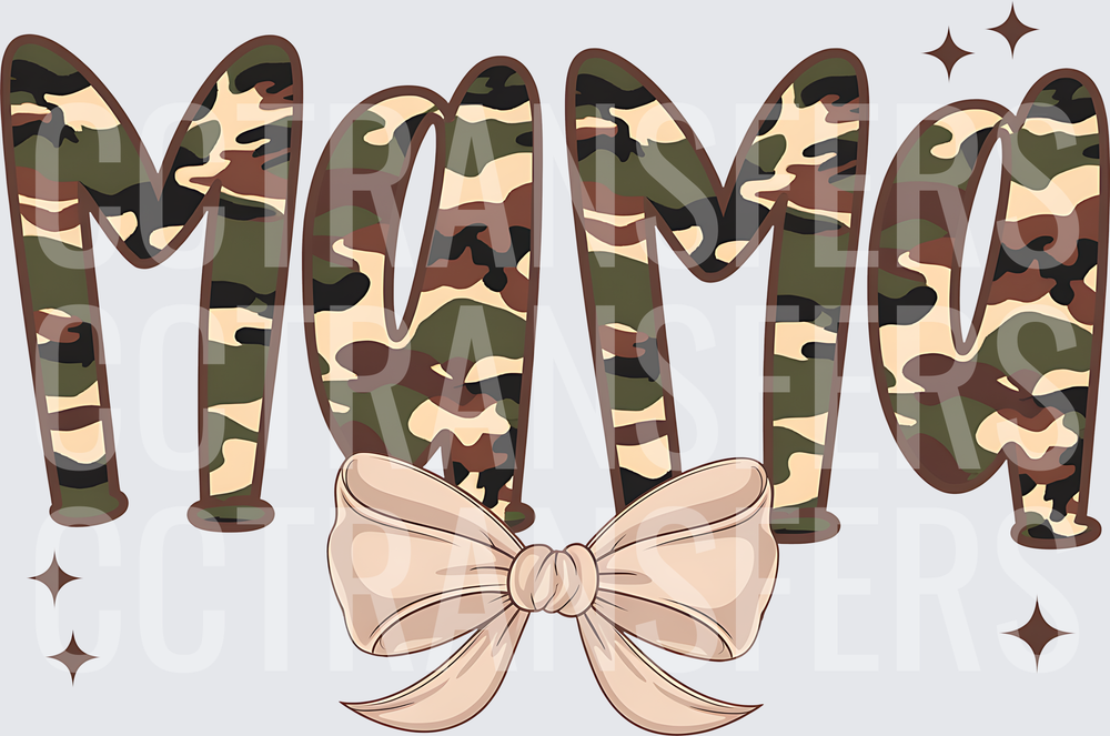 Camo Mama Bold Letters with Cream Bow and Sparkles (DTF)