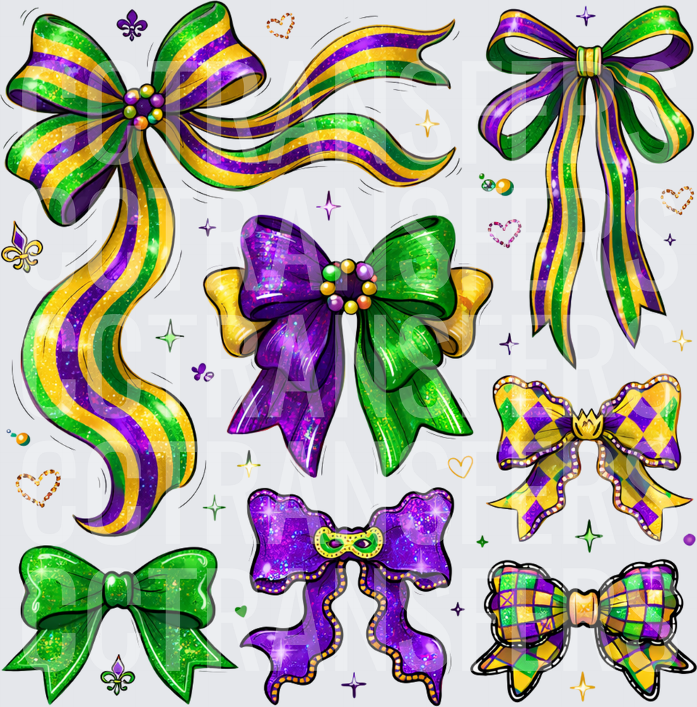 Mardi Gras Glitter Bow Bundle Purple Green Gold (DTF)