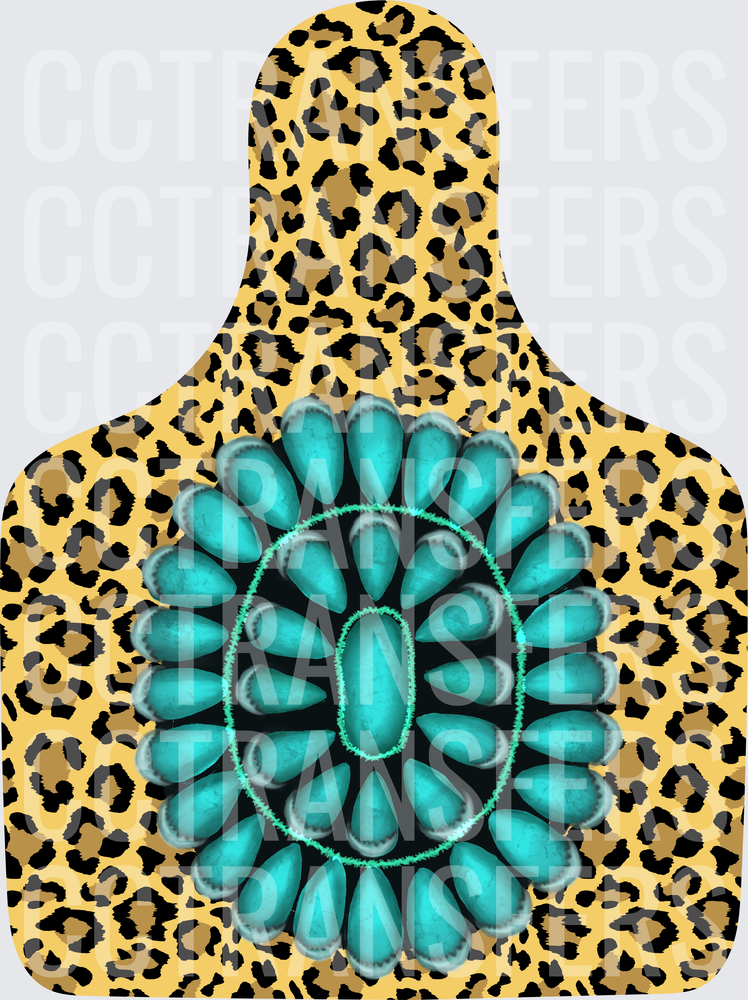 Leopard Print Cow Tag Turquoise Squash Blossom Concho (DTF)