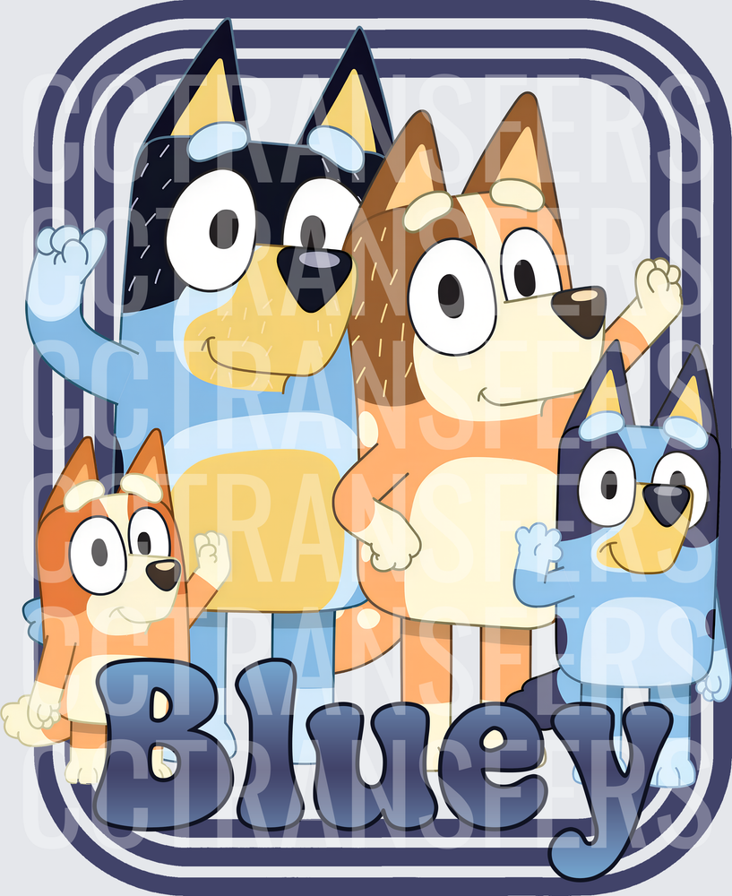 Bluey Cartoon Dog Family Group Waving Portrait (DTF)