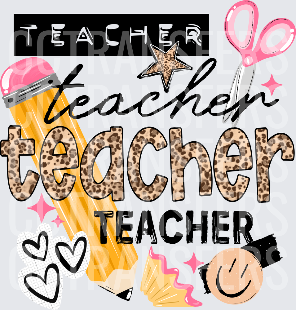 Teacher Leopard Print Mixed Font Pencil Scissors Design (DTF)