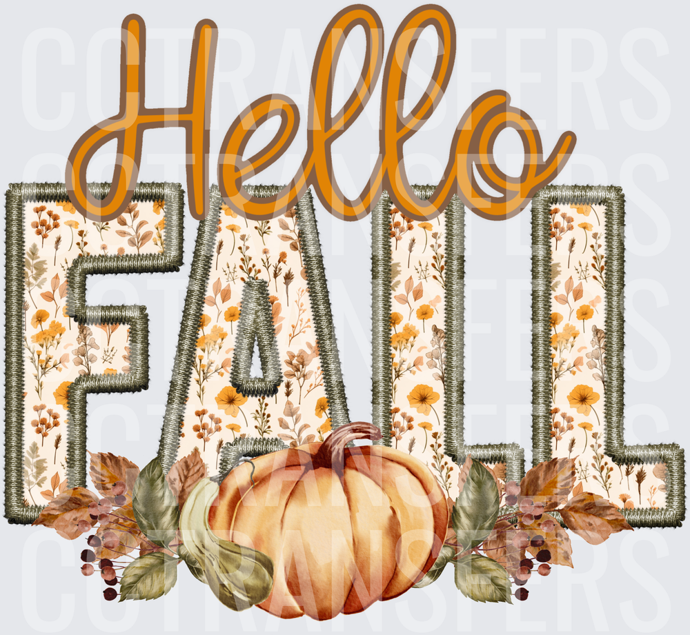 Hello Fall Embroidery Floral Pumpkin Autumn Leaves (DTF)