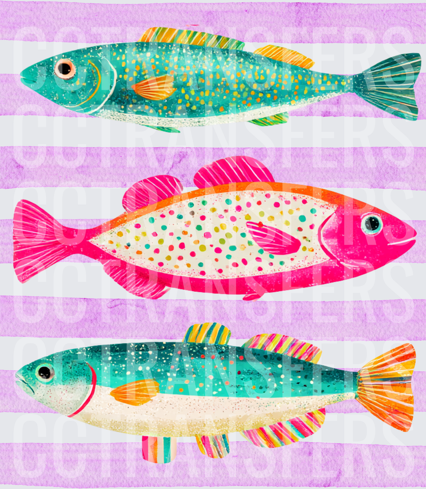 Colorful Illustrated Fish Trio on Purple Stripes (DTF)
