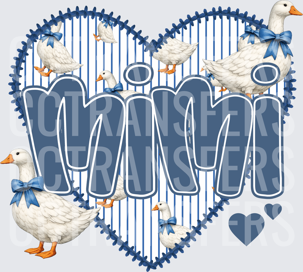 Mimi Blue Heart White Geese with Blue Bows (DTF)