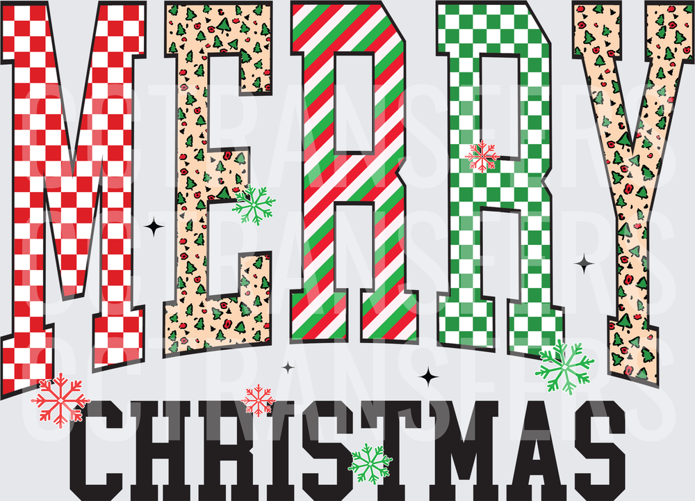 Merry Christmas Patchwork Varsity Lettering Snowflakes (DTF)