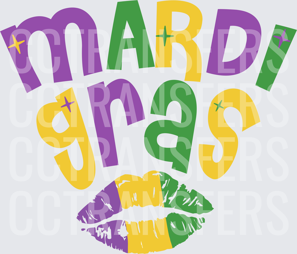 Mardi Gras Bold Lettering with Tri-Color Lips Kiss (DTF)