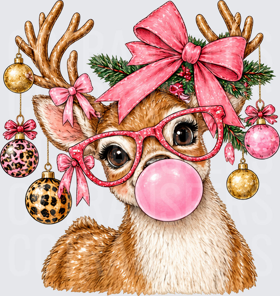 Cute Christmas Reindeer Pink Bow Glasses Bubble Gum (DTF)