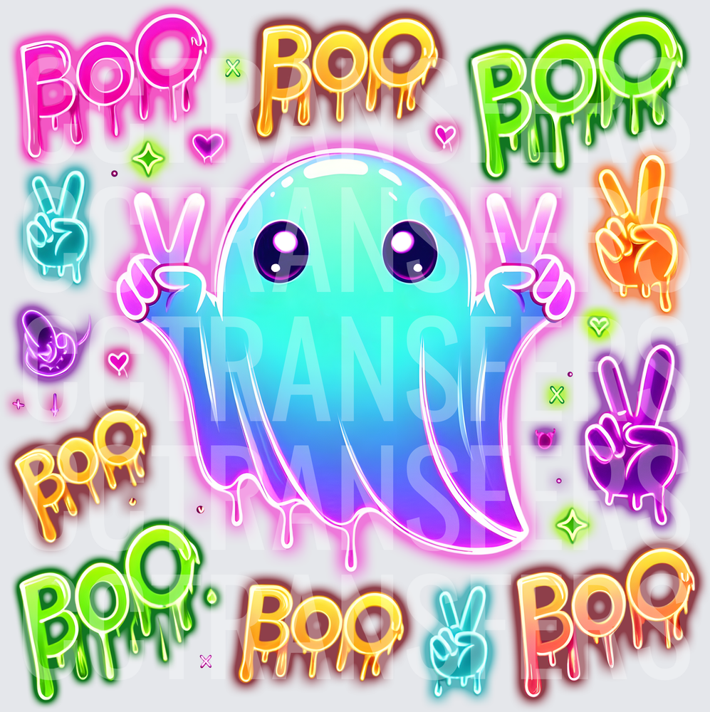 Neon Kawaii Ghost BOO Drip Peace Signs Halloween (DTF)