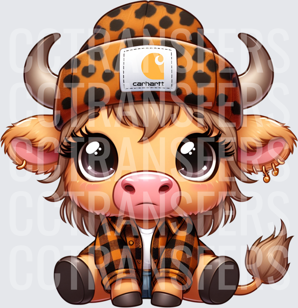Cute Baby Highland Cow Leopard Print Beanie Flannel Shirt (DTF)
