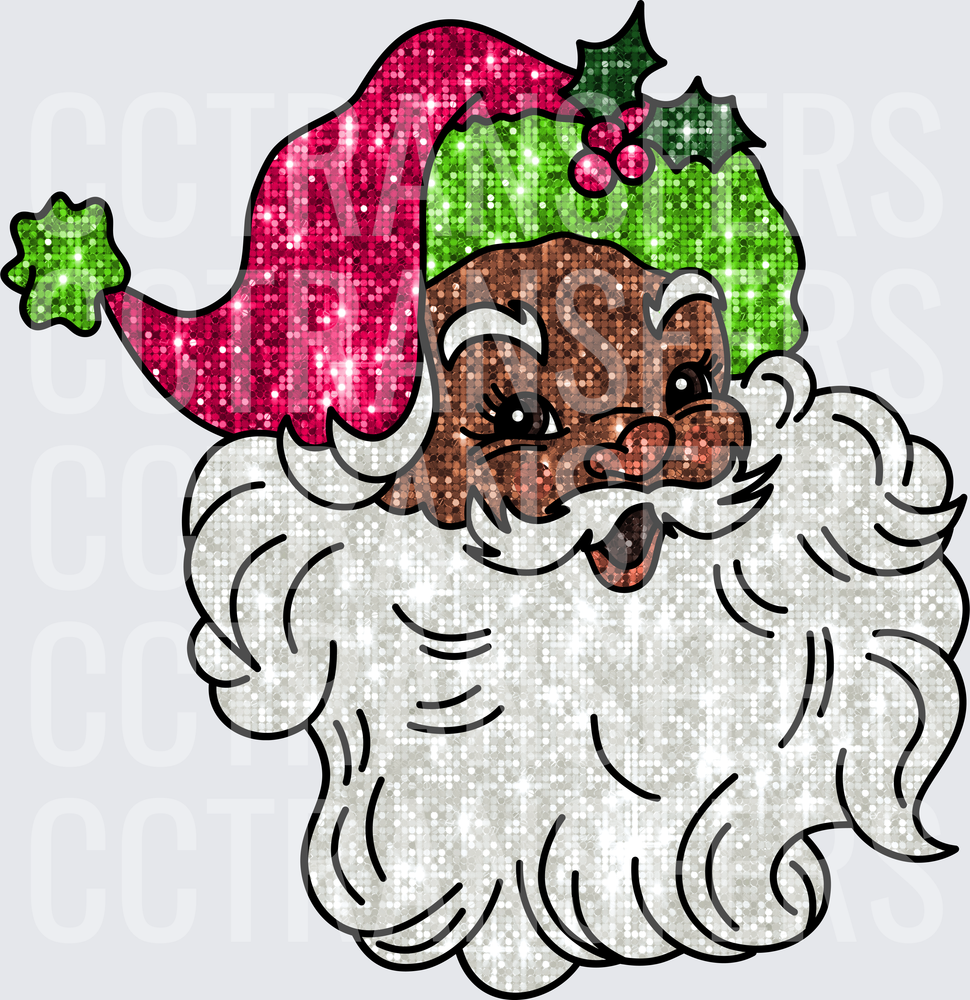 Glitter Black Santa Winking Holly Hat White Beard (DTF)