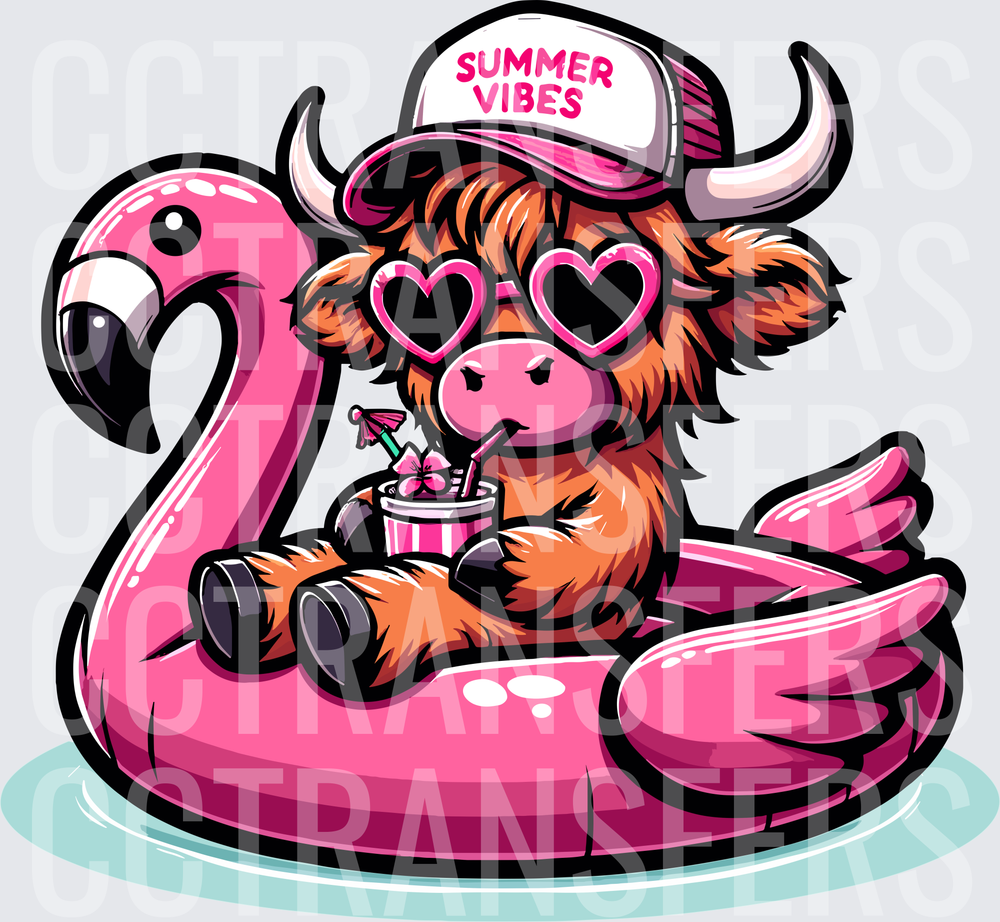Summer Vibes Highland Cow on Pink Flamingo Float (DTF)
