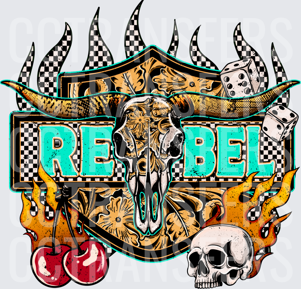 Rebel Bull Skull Checkered Flames Dice Cherries Skull (DTF)