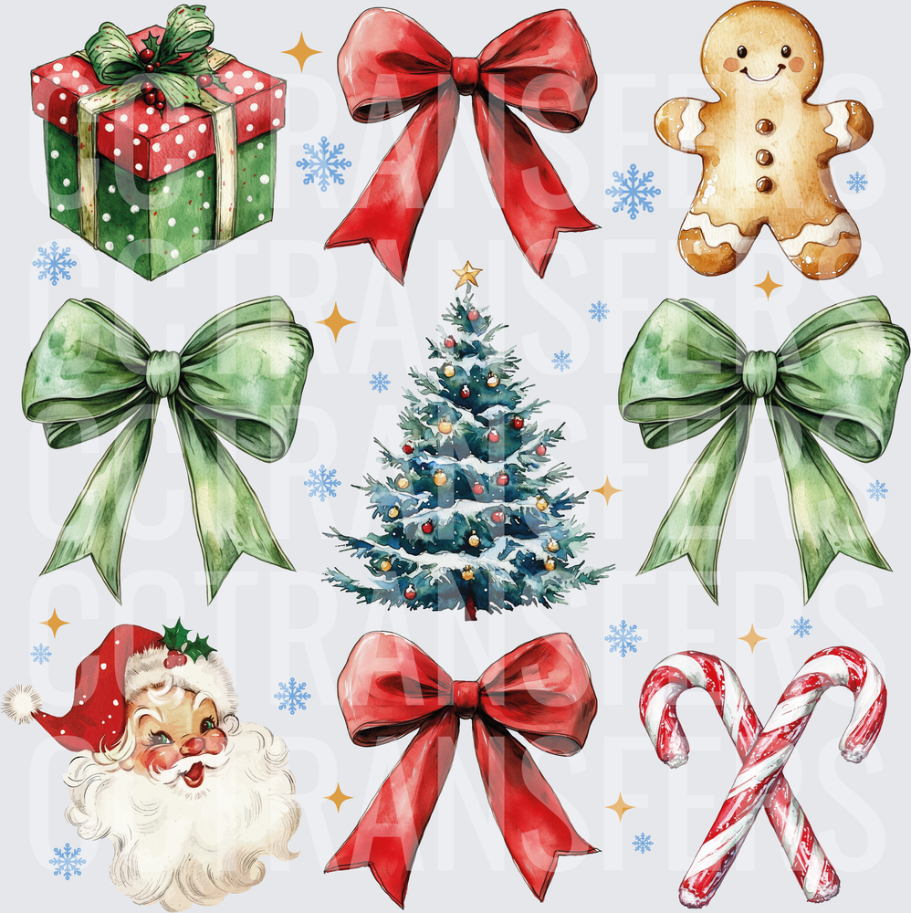 Watercolor Christmas Icons Santa Bows Tree Candy Cane (DTF)