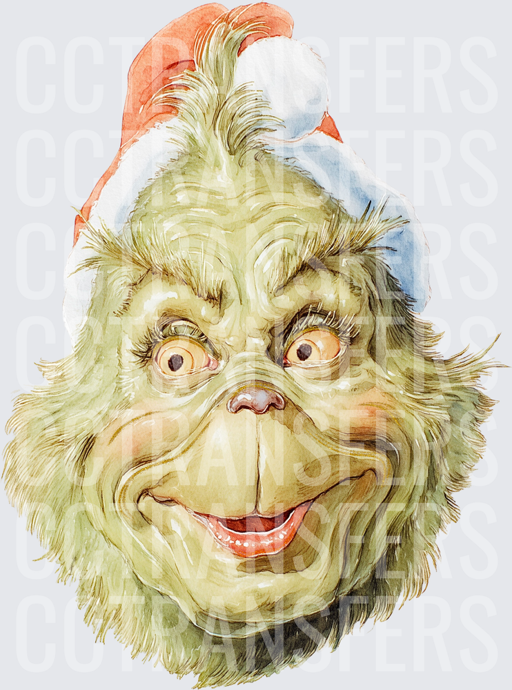 Grinch Face Santa Hat Watercolor Christmas Portrait (DTF)