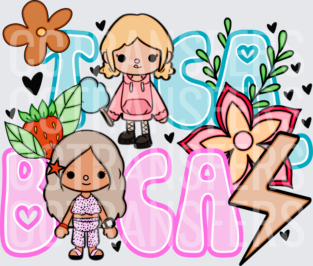 Toca Boca Girls Floral Lightning Bolt Doodle Art (DTF)