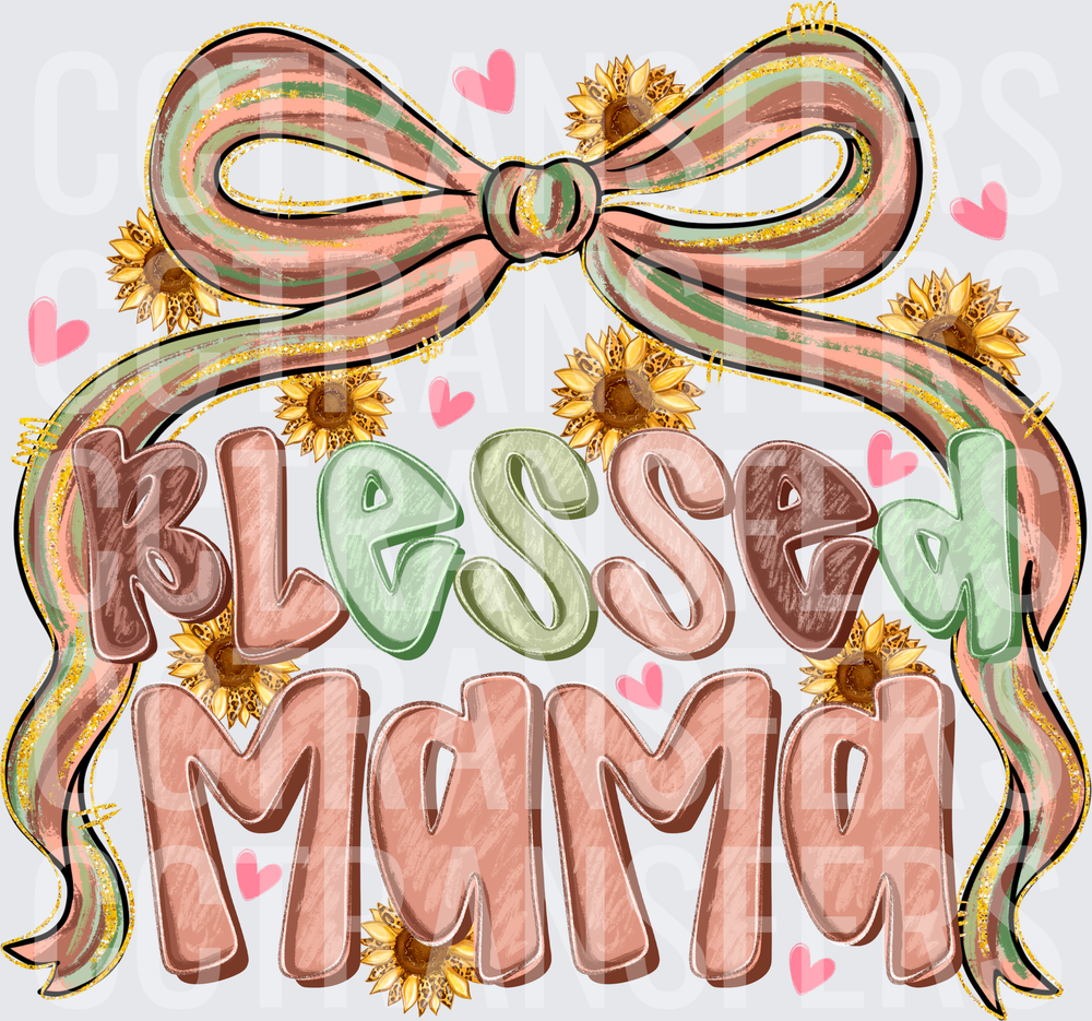 Blessed Mama Bow Sunflowers Pink Hearts (DTF)