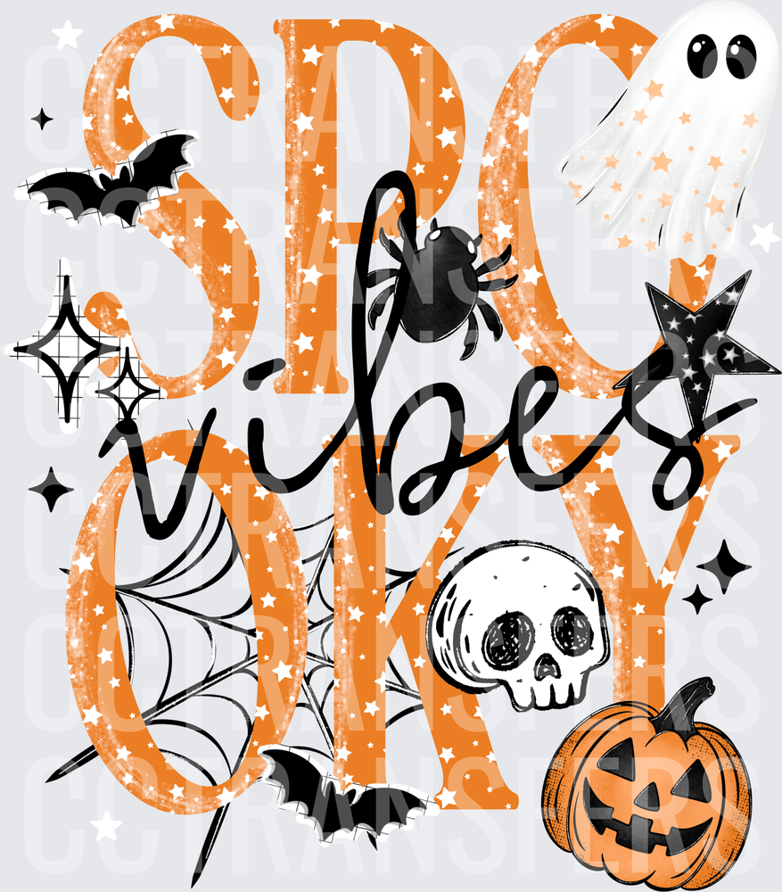 Spooky Vibes Halloween Ghost Skull Pumpkin Bat Design (DTF)