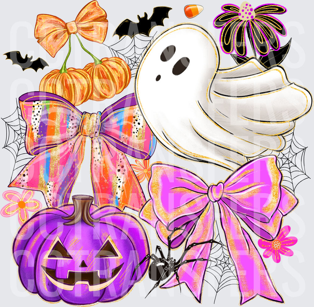 Girly Halloween Ghost Pumpkin Bows Spider Web Collage (DTF)