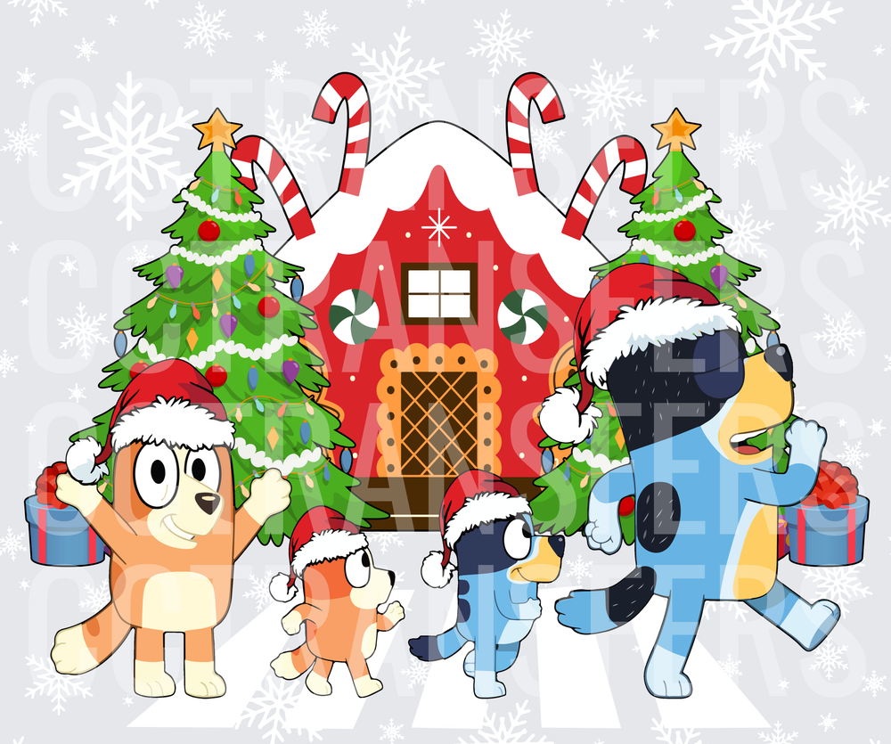 Cartoon Dog Family Santa Hats Gingerbread House Christmas (DTF)