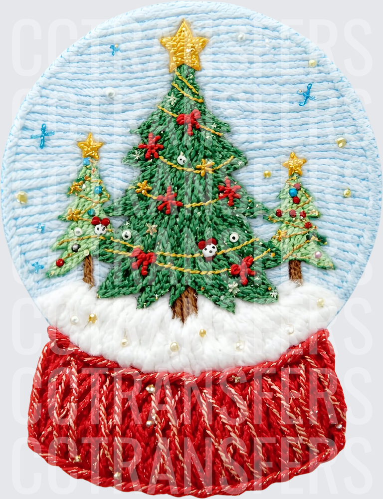 Embroidered Style Christmas Snow Globe with Trees (DTF)