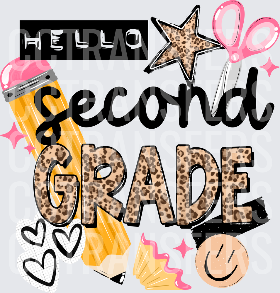 Hello Second Grade Leopard Print School Supply (DTF)