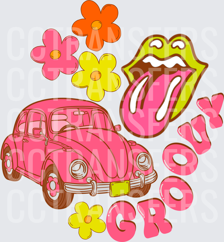 Groovy Pink Beetle Lips Tongue Retro Flowers (DTF)