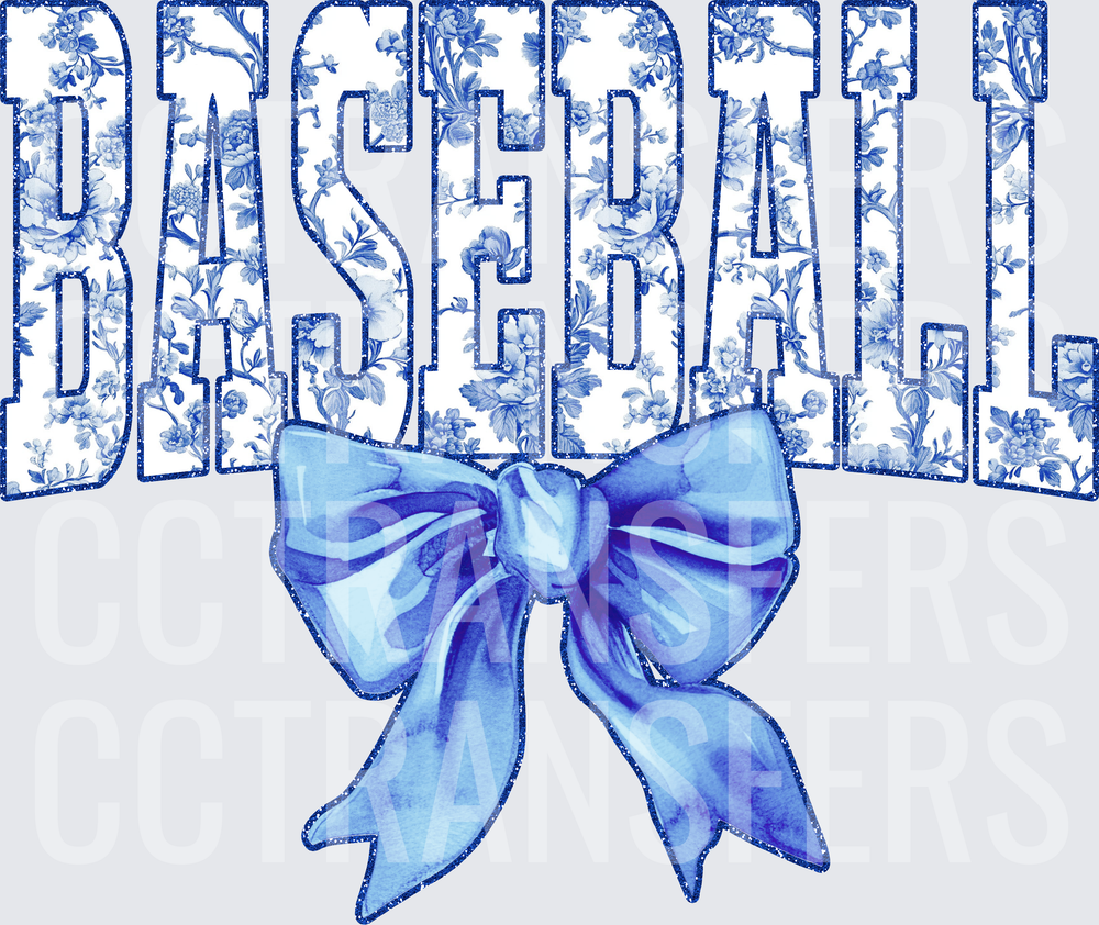 Baseball Blue Floral Toile Letters with Bow (DTF)