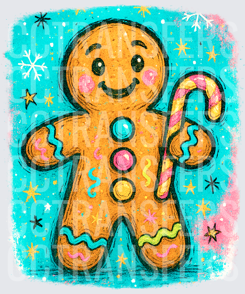 Cheerful Gingerbread Man Holding Candy Cane Christmas (DTF)