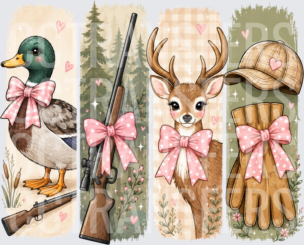 Girly Hunting Duck Deer Rifle Gloves Pink Bow Panels (DTF)