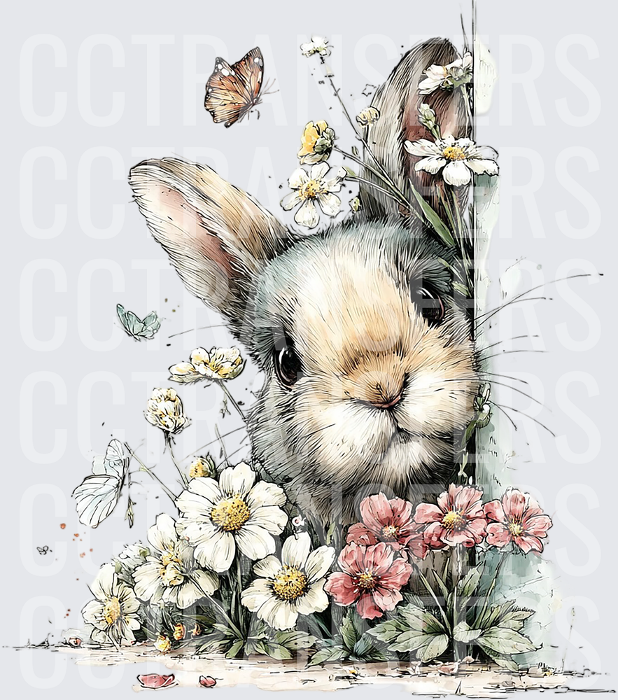Peeking Bunny with Spring Flowers and Butterflies (DTF)