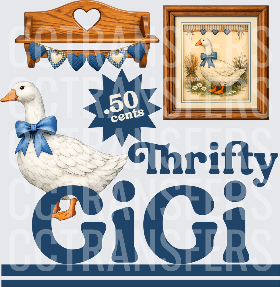 Thrifty GiGi White Goose Blue Bow Country Farmhouse (DTF)