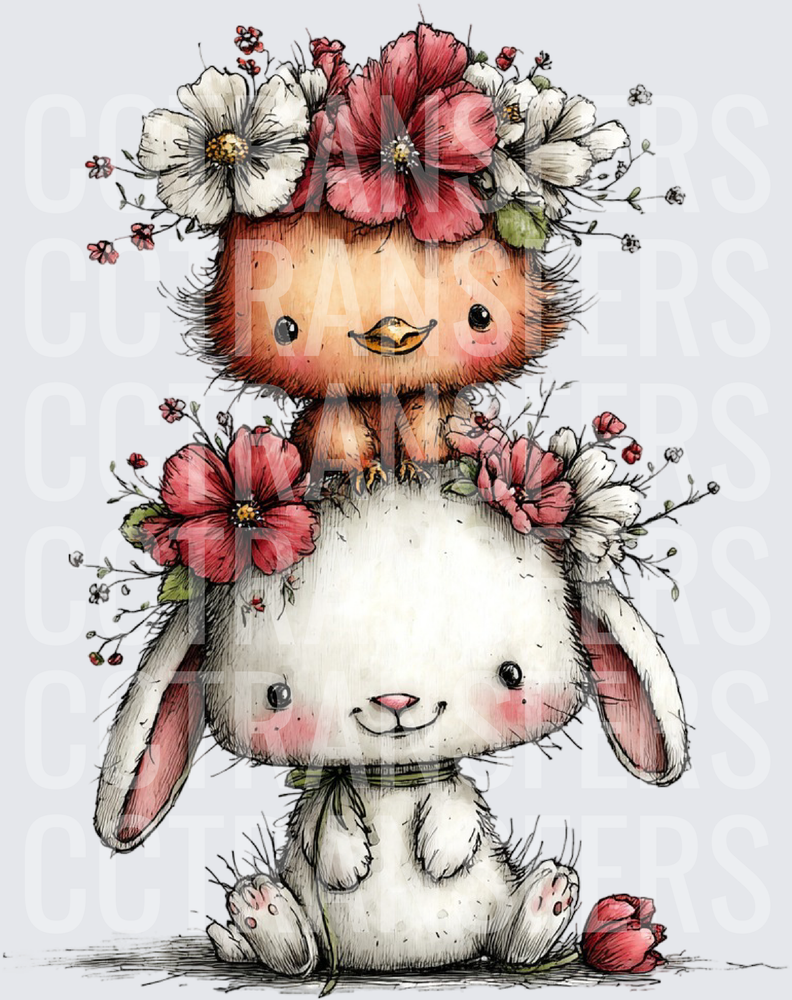 Cute Bunny and Fluffy Chick Stacked with Floral Crowns (DTF)