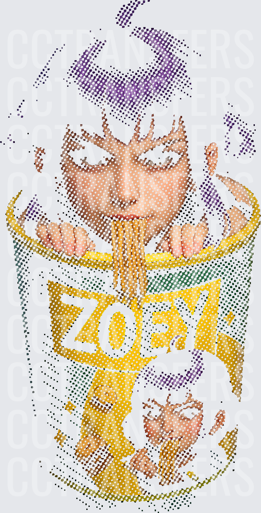 Zoey Girl Peeking Out of Noodle Cup Halftone Design (DTF)