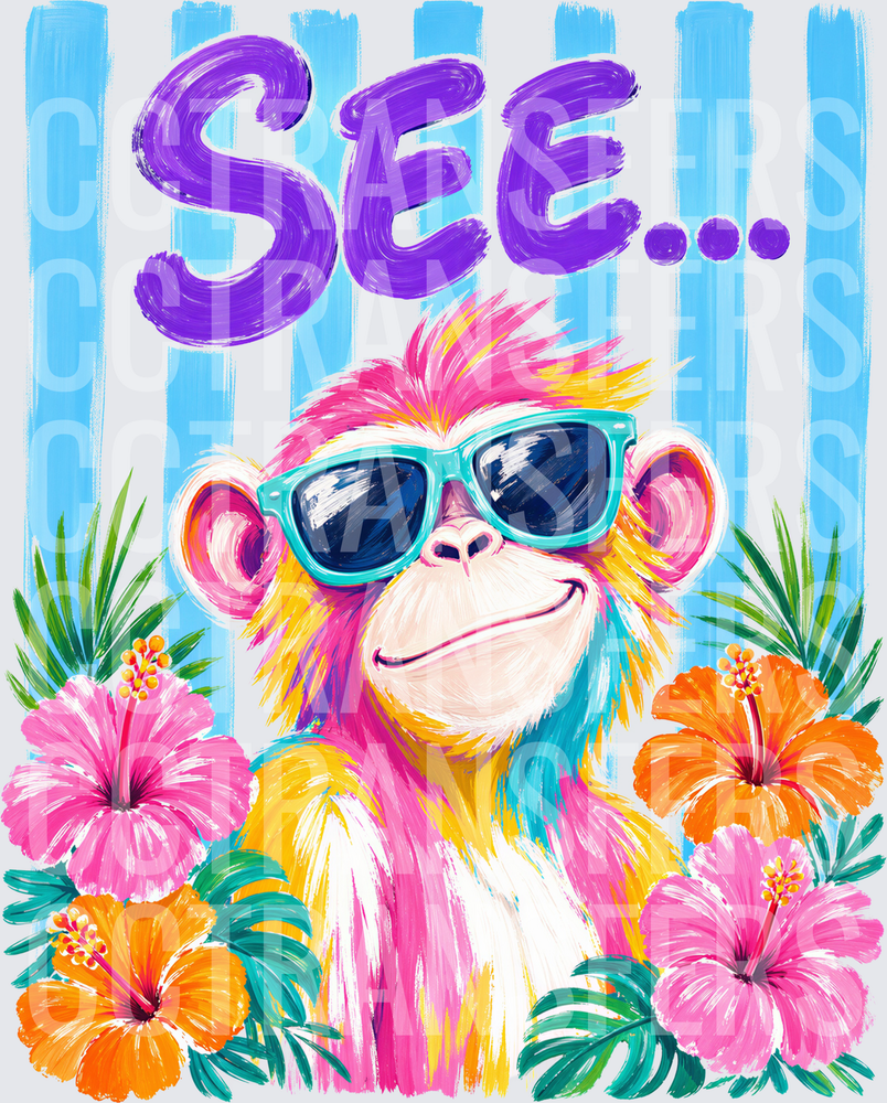 Colorful Monkey in Sunglasses SEE Tropical Hibiscus (DTF)