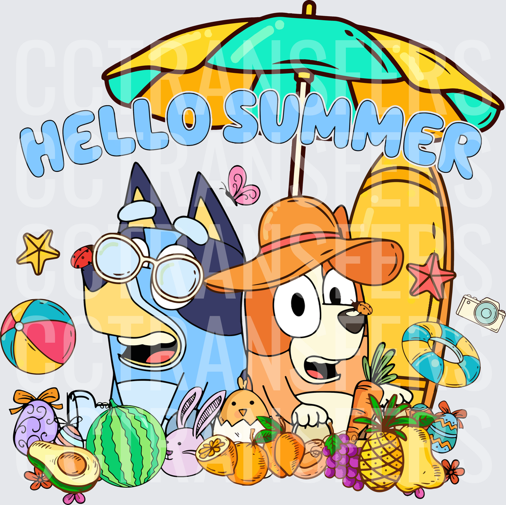 Hello Summer Cartoon Dogs Beach Umbrella Tropical Fruits (DTF)