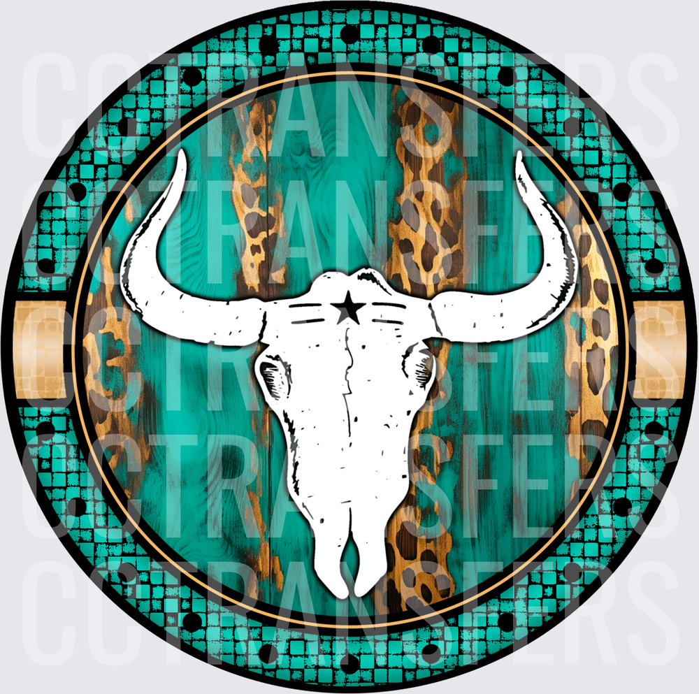Western Longhorn Skull Turquoise Leopard Round Badge (DTF)