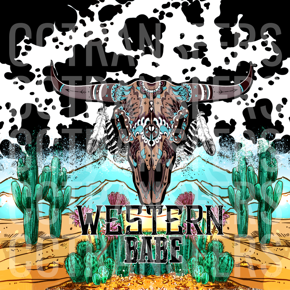 Western Babe Boho Bull Skull Desert Cactus Cow Print (DTF)