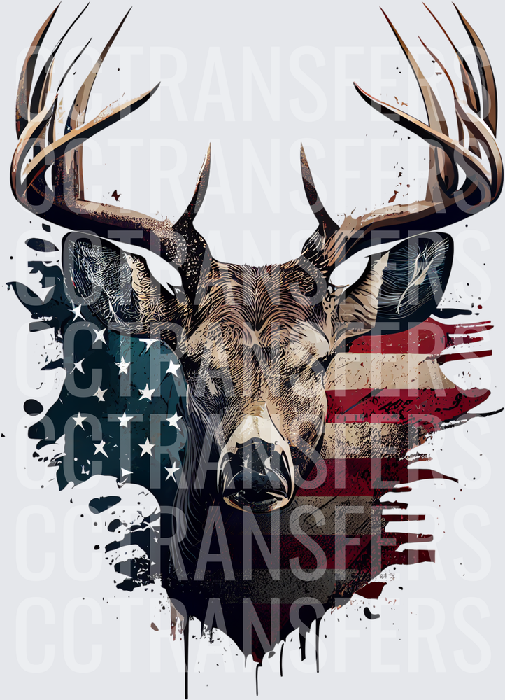 Whitetail Buck Portrait American Flag Grunge Splash (DTF)