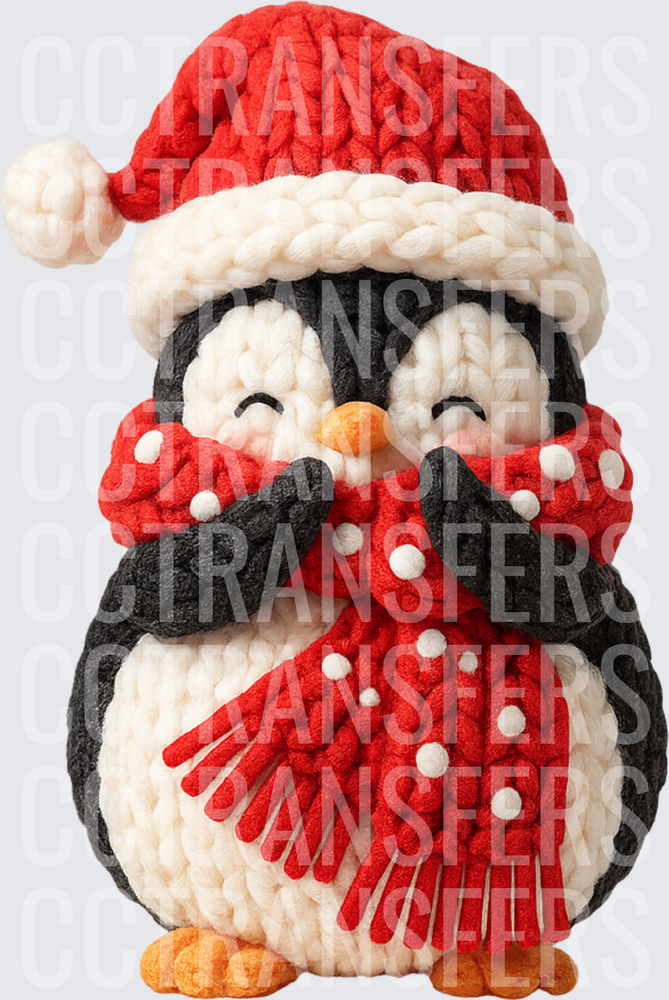 Cozy Knit Penguin Santa Hat Polka Dot Scarf Christmas (DTF)