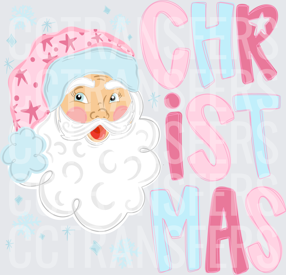 Pink and Blue Santa Face Christmas DTF