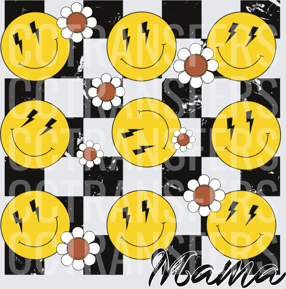 Mama Lightning Bolt Smiley Face Checkered Floral (DTF)
