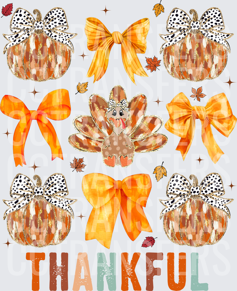 Thankful Turkey Pumpkins Bows Fall Leaves (DTF)