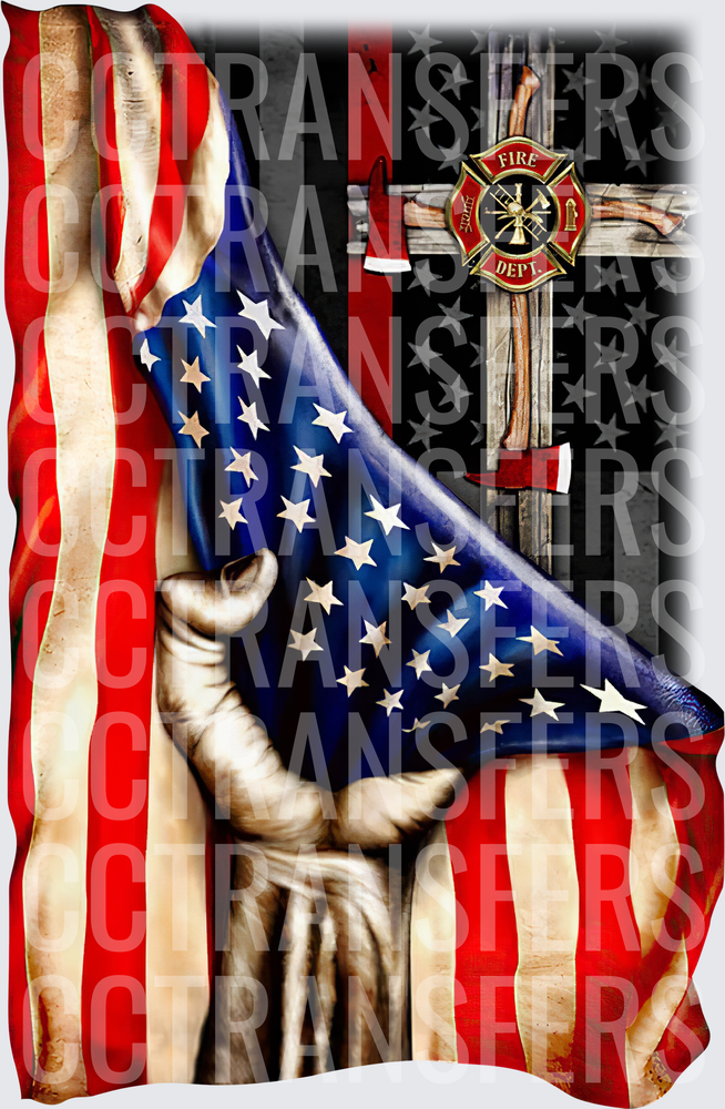 Fist Holding American Flag Fire Dept Cross Axes (DTF)