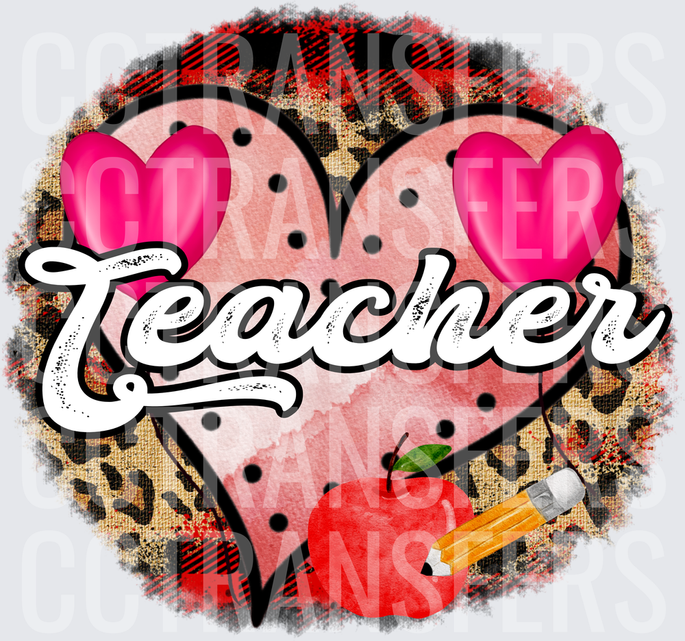 Teacher Heart Leopard Plaid Apple Pencil Pink Hearts (DTF)
