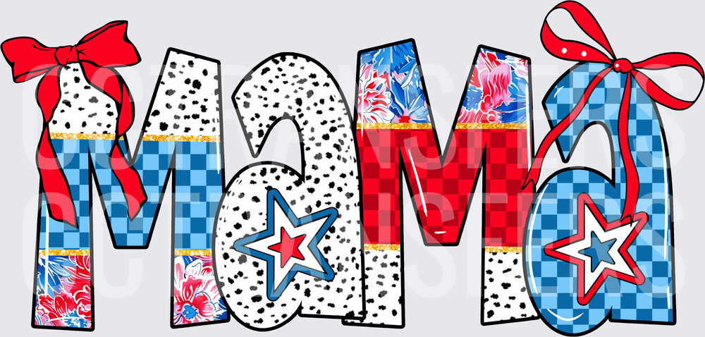 Patriotic Mama Red White Blue Patchwork Stars Bows (DTF)